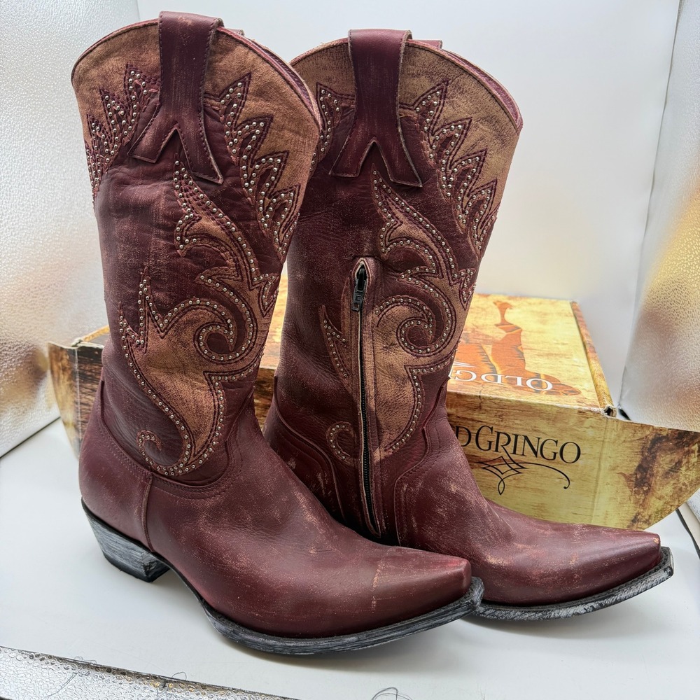 Old Gringo Womens Burgundy Distressed Leather Studded Western Boots size 10B